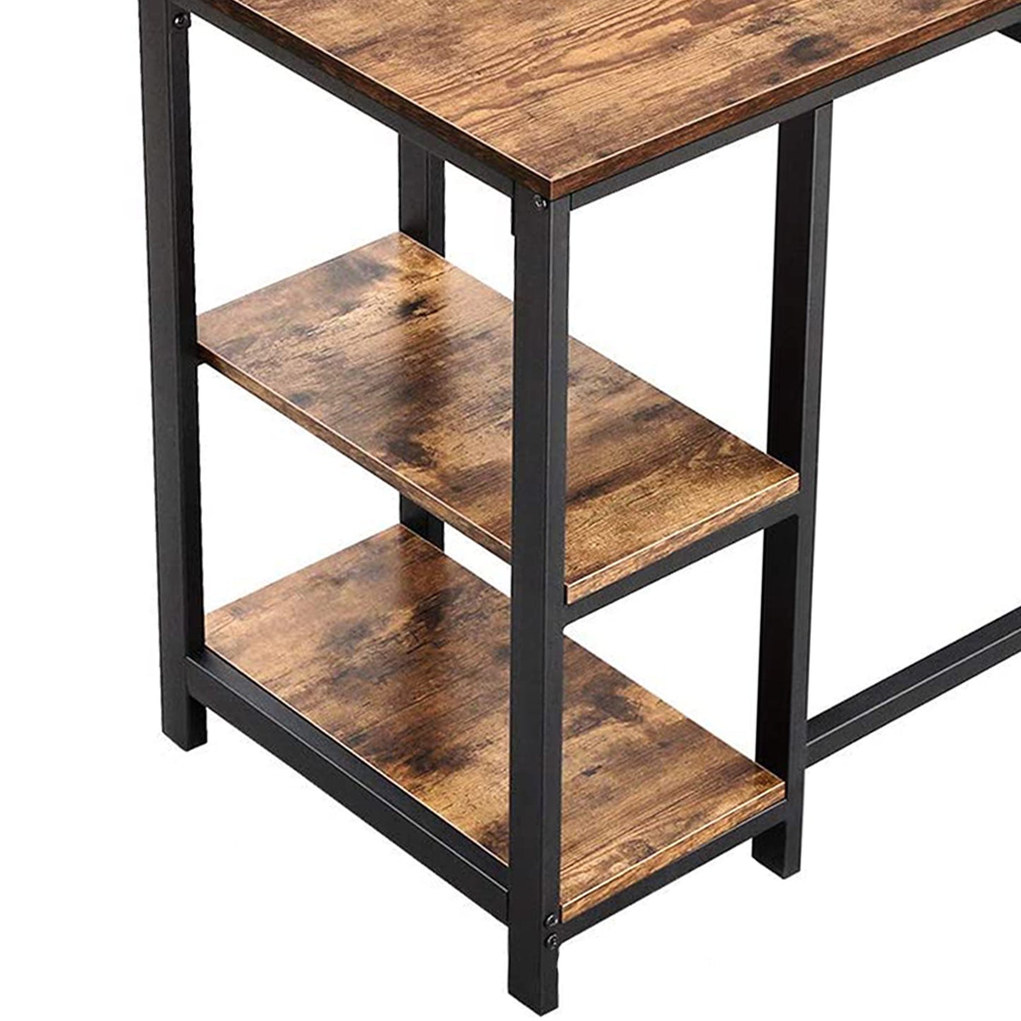 L-Shaped Oak and Iron Computer Desk with 2 Shelves, Walnut and Charcoal Gray