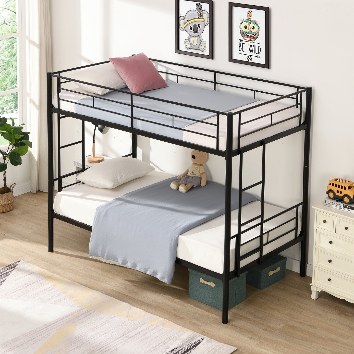 Convertible Twin Over Twin Metal Bunk Bed with 2 Ladders, Guardrail, and Storage Space in Black