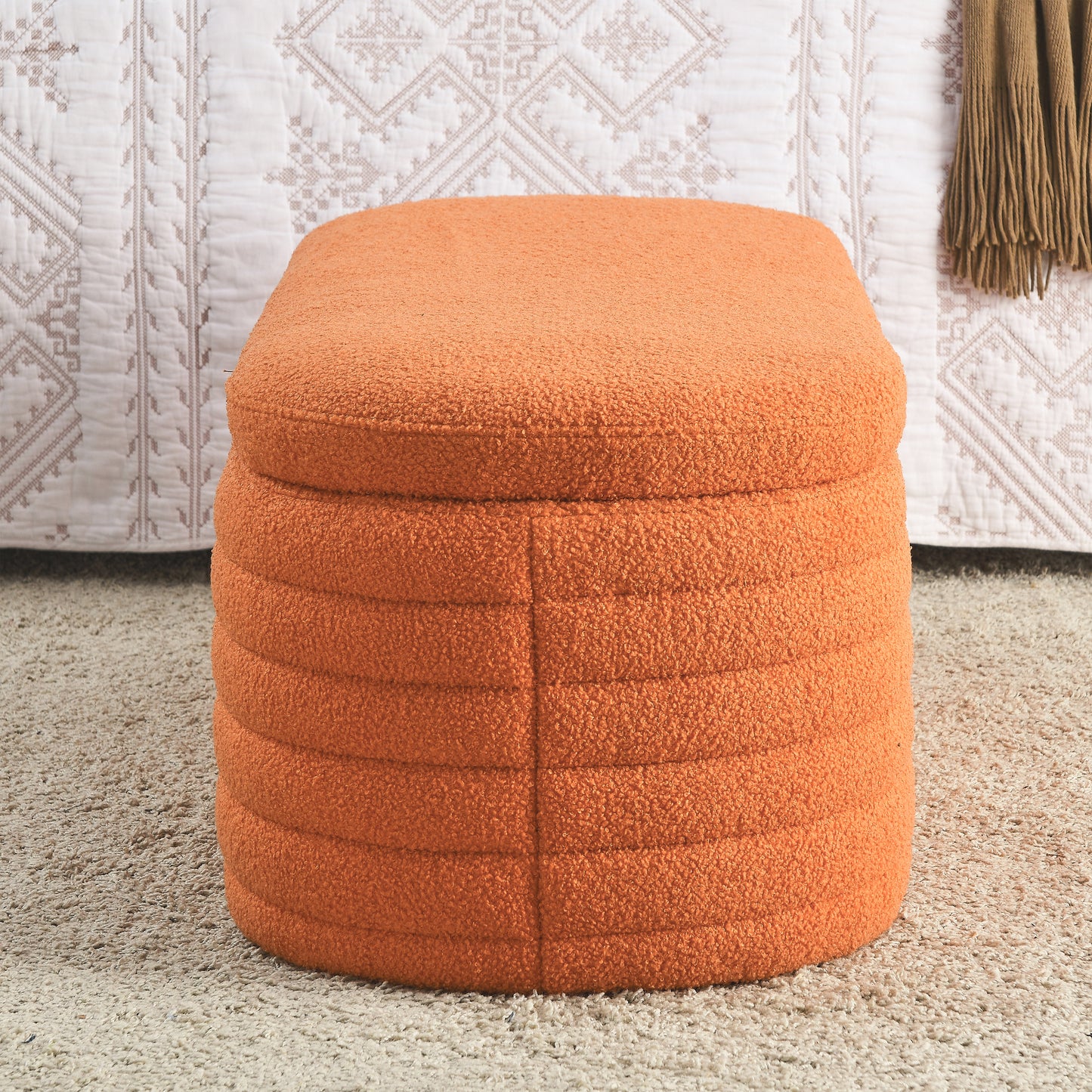 [Video] Welike Length 45.5 inchesStorage Ottoman Bench Upholstered Fabric Storage Bench End of Bed Stool with Safety Hinge for Bedroom, Living Room, Entryway, orange teddy.