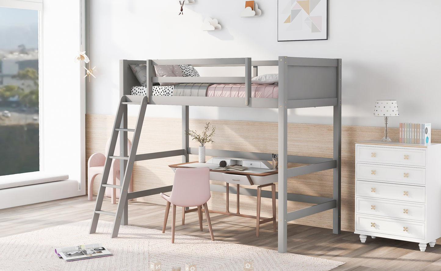 Solid Wood Twin Size Loft Bed with Ladder(Gray)(: WF191903AAE)