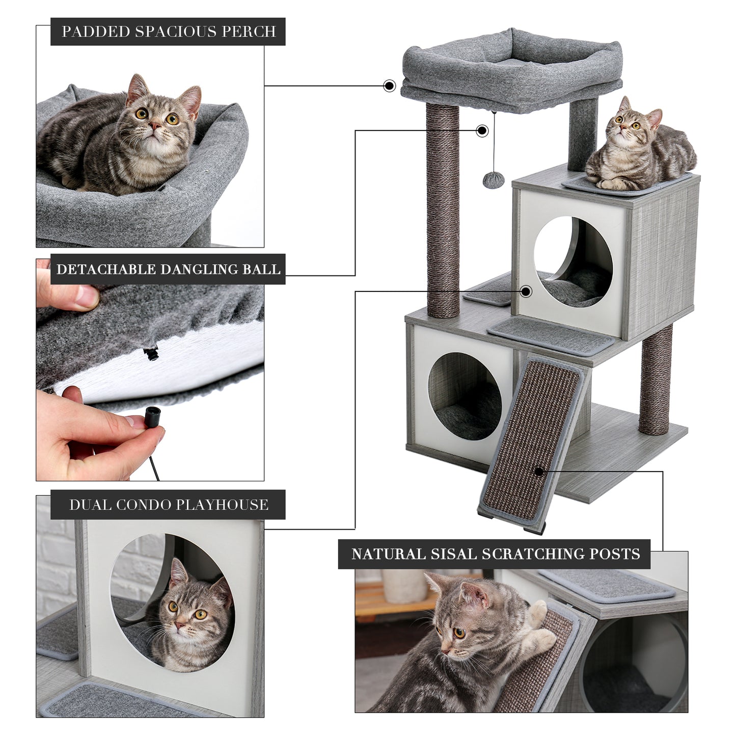 Cat Tree Luxury 34 Inches Cat Tower with Double Condos, Spacious Perch, Fully Wrapped Scratching Sisal Posts and Replaceable Dangling Balls Gray