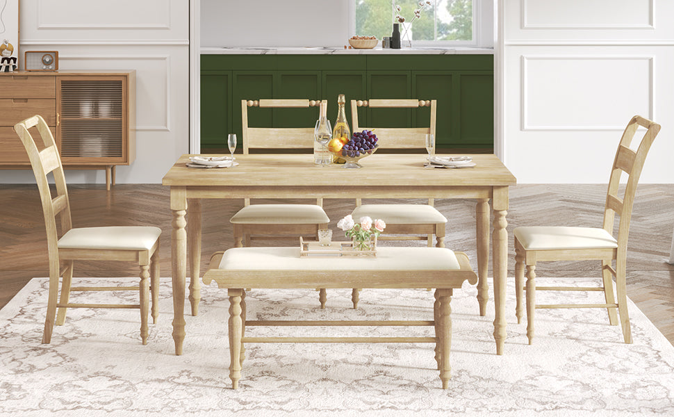 6-peice Dining Set with Turned Legs, Kitchen Table Set with Upholstered Dining Chairs and Bench,Retro Style, Natural