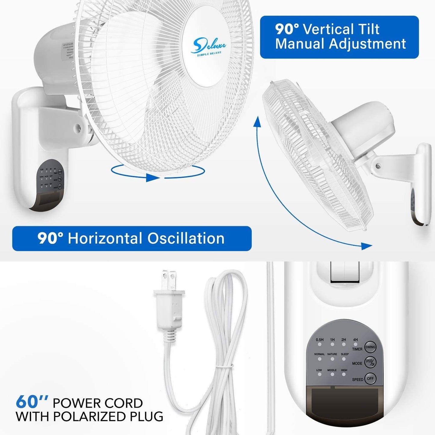 Refreshing Airflow Solution: Simple Deluxe 16 Inch Digital Wall Mount Fan with Remote Control, 3 Speeds, 3 Oscillating Modes