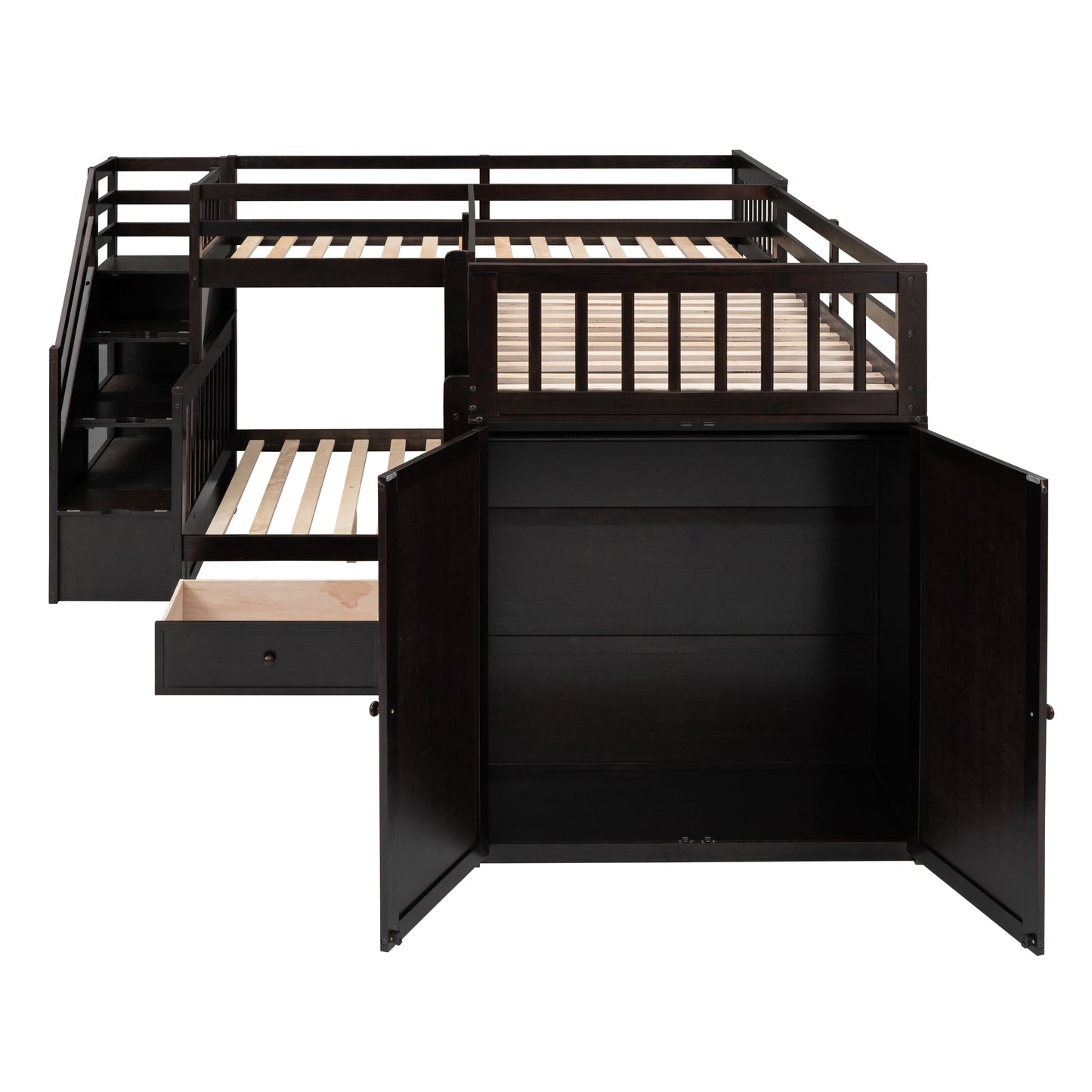 Espresso L-Shaped Bunk Bed with Storage Drawers, Desk, Wardrobe and Maximized Space