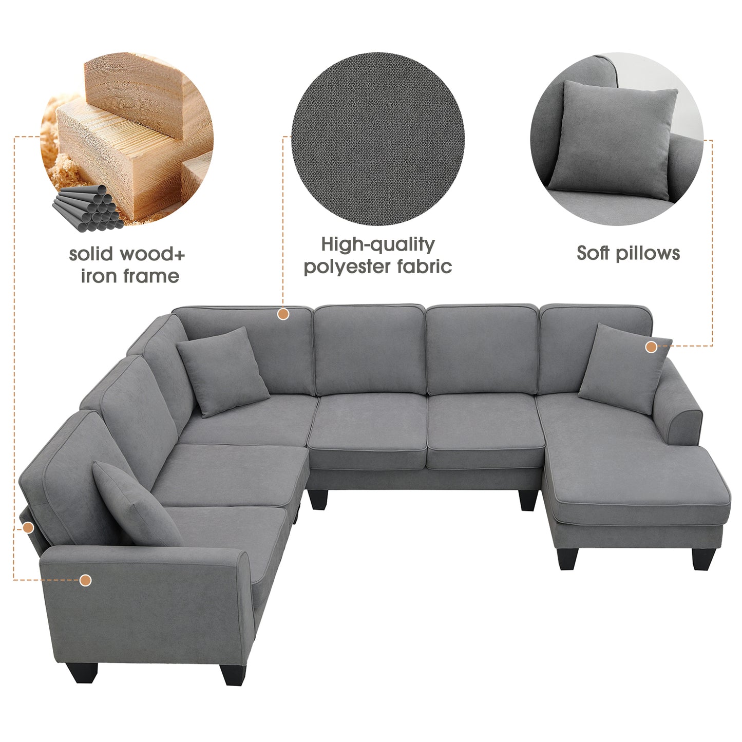 Modern U Shape Sectional Sofa Set with 3 Pillows, 7 Seat Fabric Sectional Sofa for Living Room, Apartment, Office