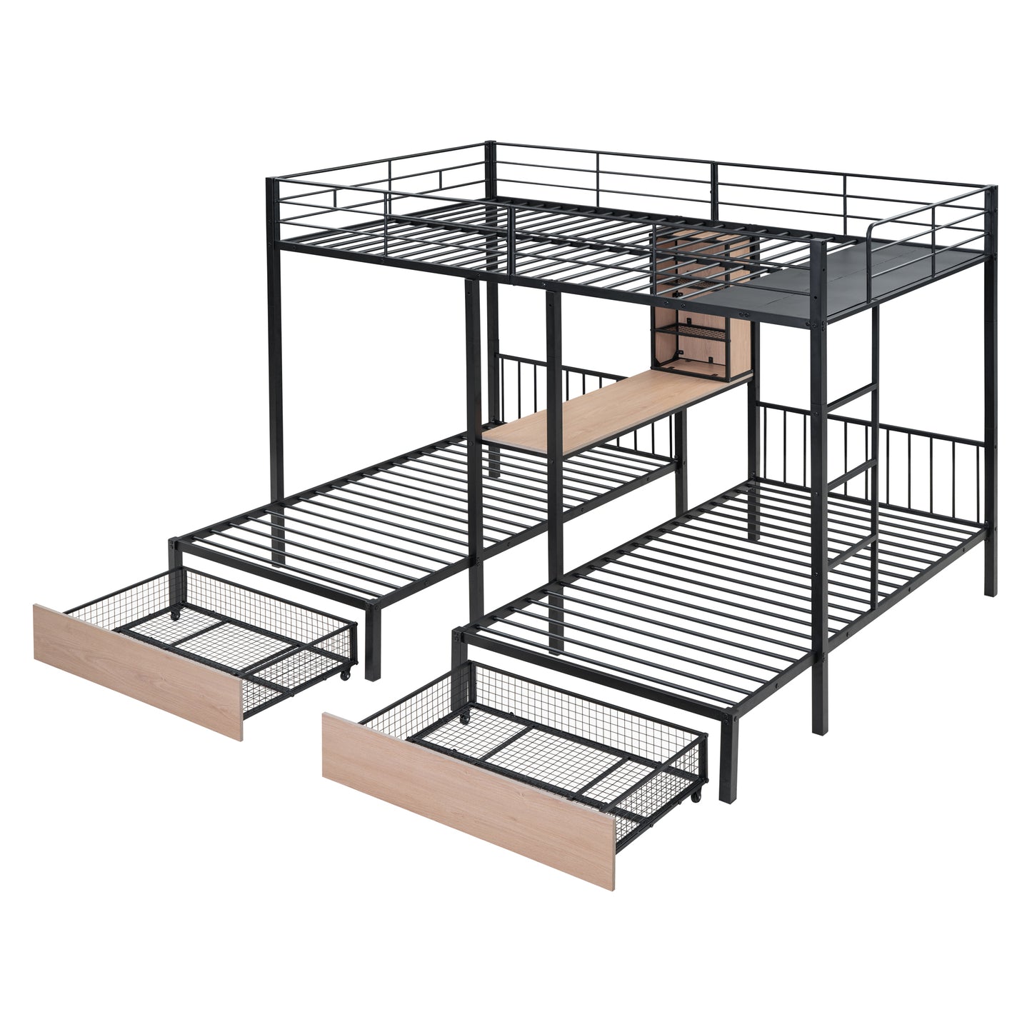 Full Over Twin & Twin Bunk Bed with Desks, Shelves, and Drawers in Black Metal Frame