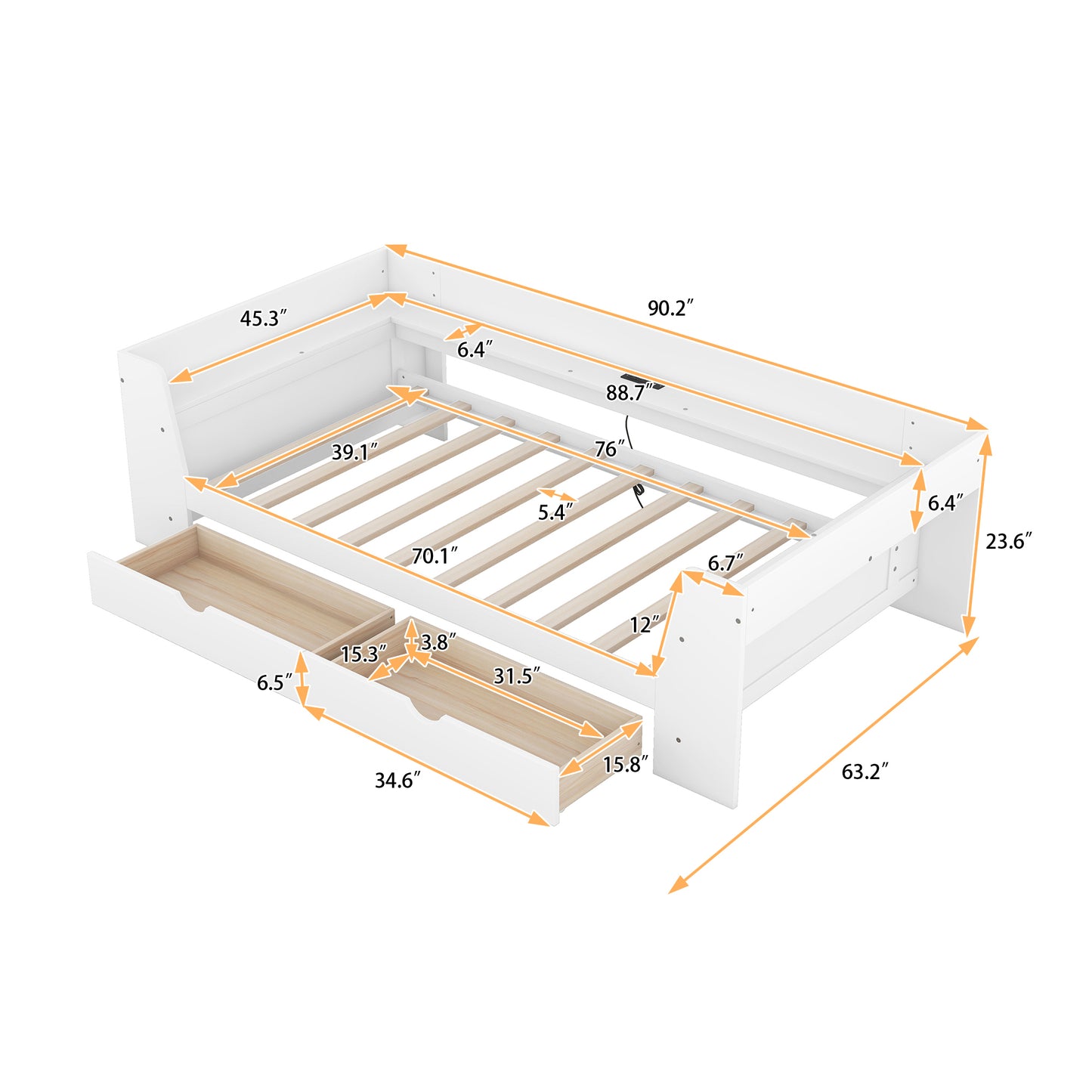 Twin Size Daybed with Shelves, Drawers and Built-In Charging Station, White