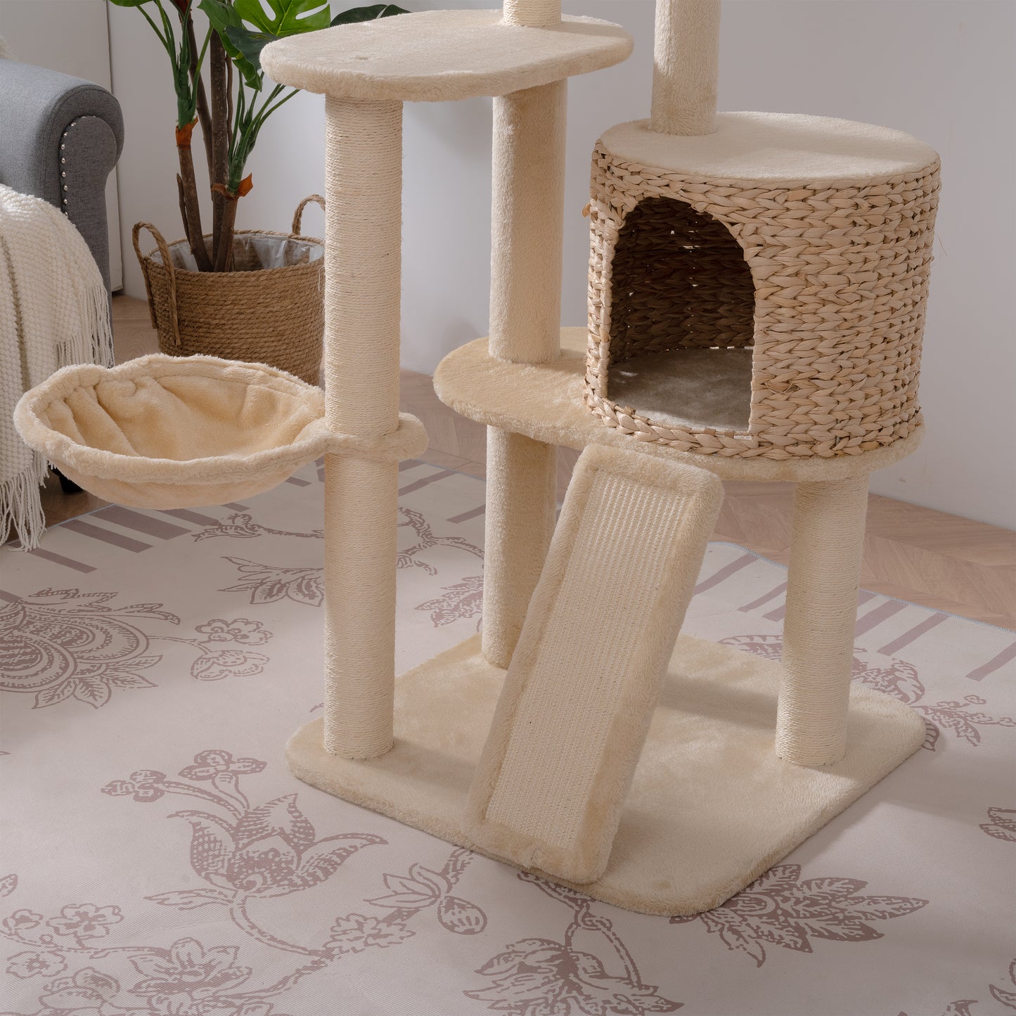 Cat Tree, 59-Inch Cat Tower for Indoor Cats, Plush Multi-Level Cat Condo with 2 Perches, 2 Caves, Cozy Basket and Scratching Board, Beige