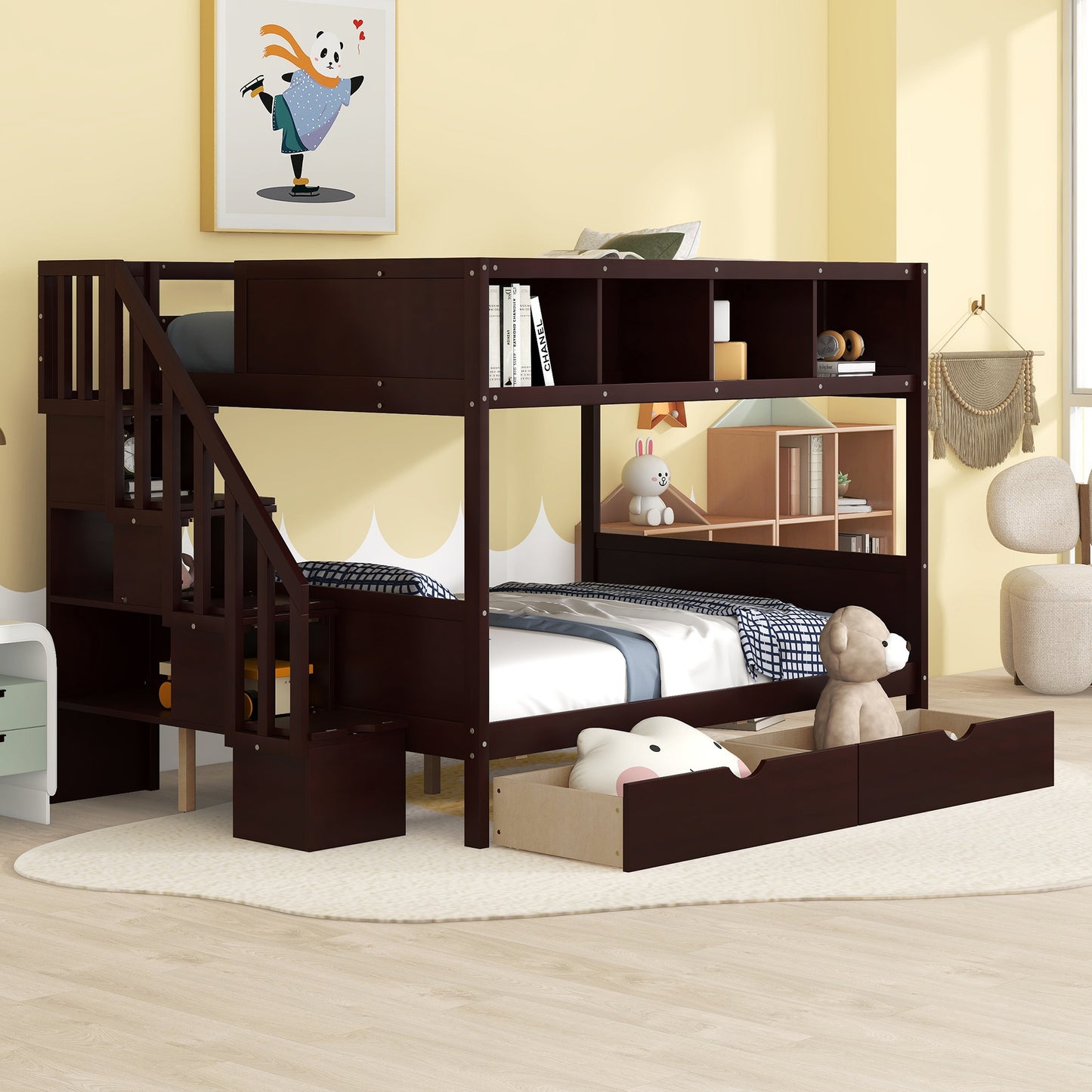 Espresso Finish Twin over Full Bunk Bed with Storage Staircase, Shelves, and 2 Drawers