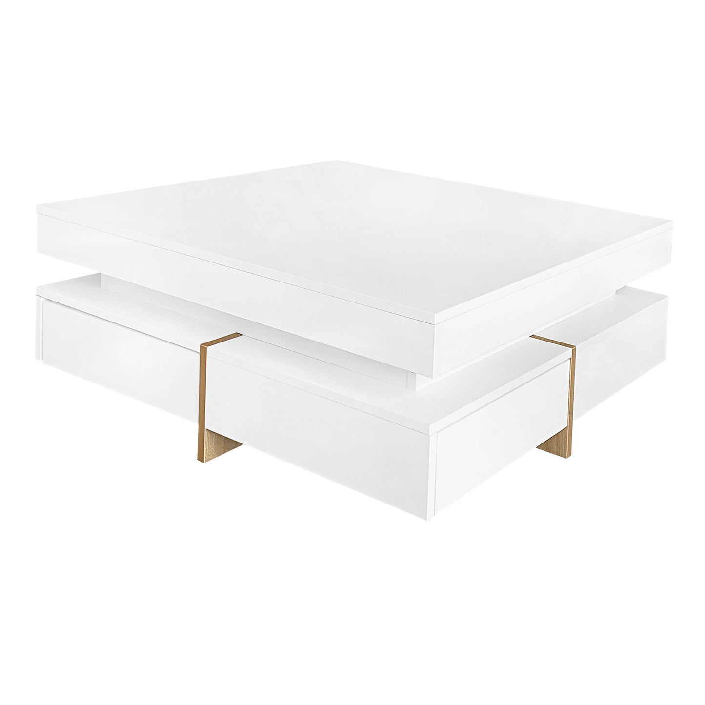 Elegant White High Gloss Coffee Table with Spacious Storage and Wood Grain Legs