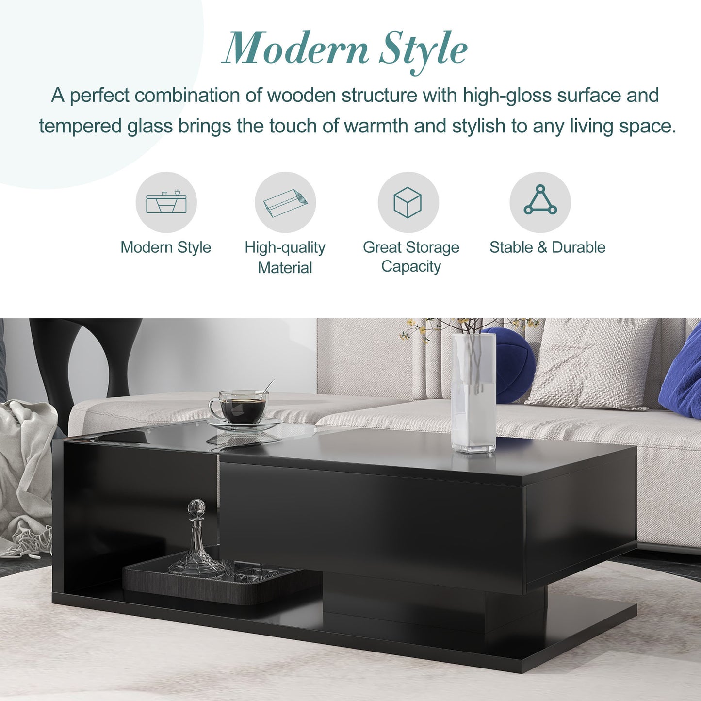 Elegant Black Modernist Coffee Table with Glass Top and Storage Shelf