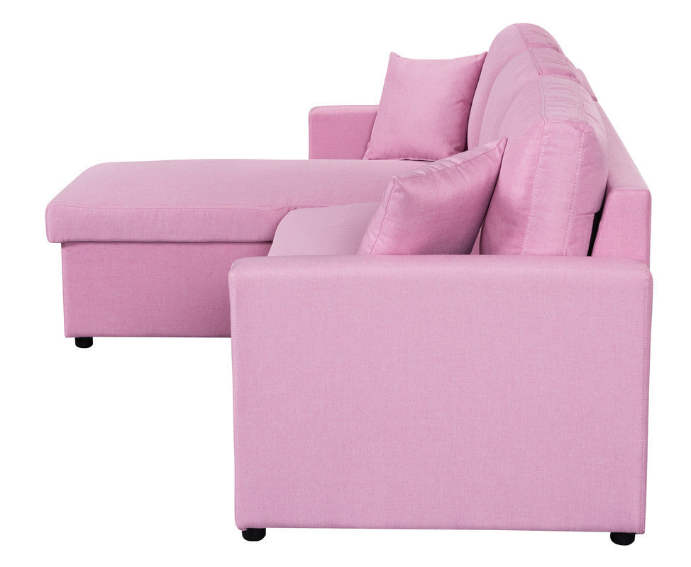 Pink Paisley Linen Fabric Sleeper Sectional Sofa with Storage Chaise