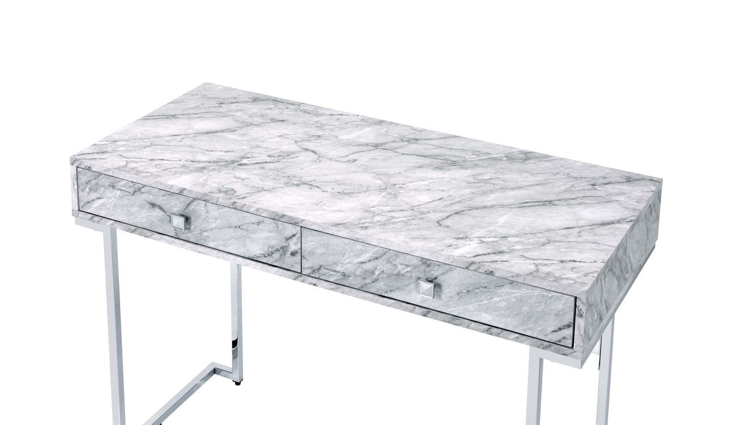 Sleek White Faux Marble Writing Desk with Chrome Frame