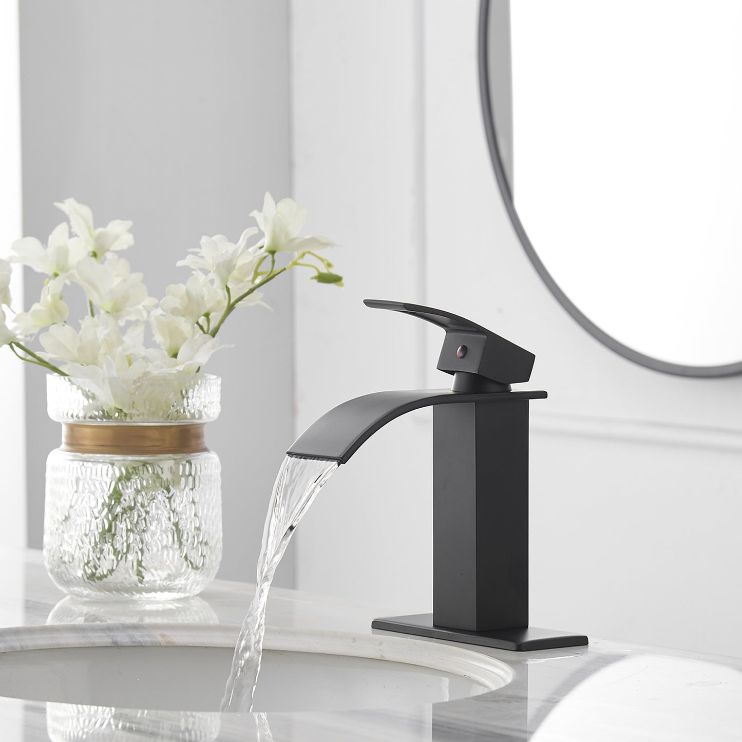 Matte Black Single-Handle Waterfall Bathroom Faucet with Supply Line - Low-Arc