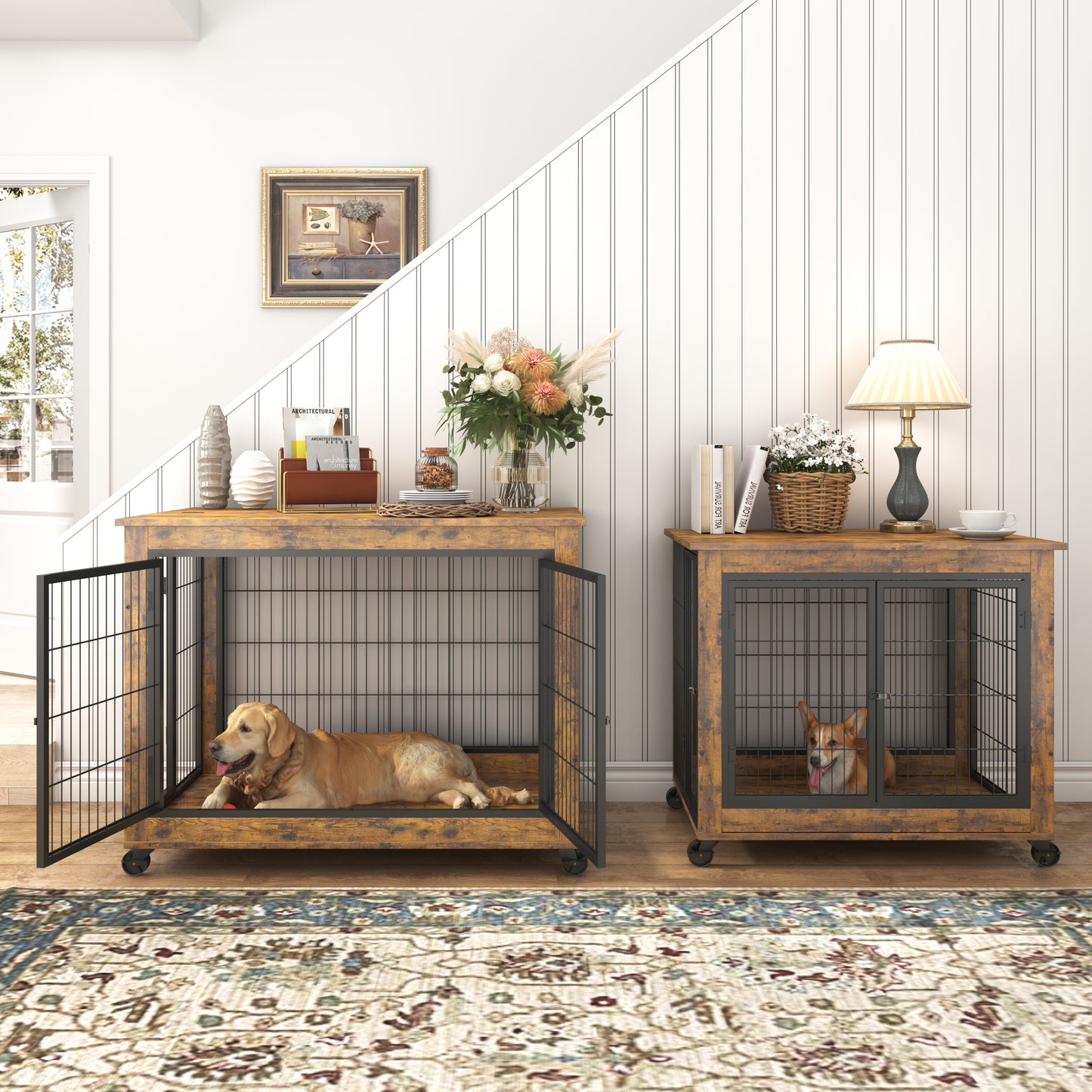 Furniture Dog Cage Crate with Double Doors, Rustic Brown, 38.58'' W x 25.2'' D x 27.17'' H