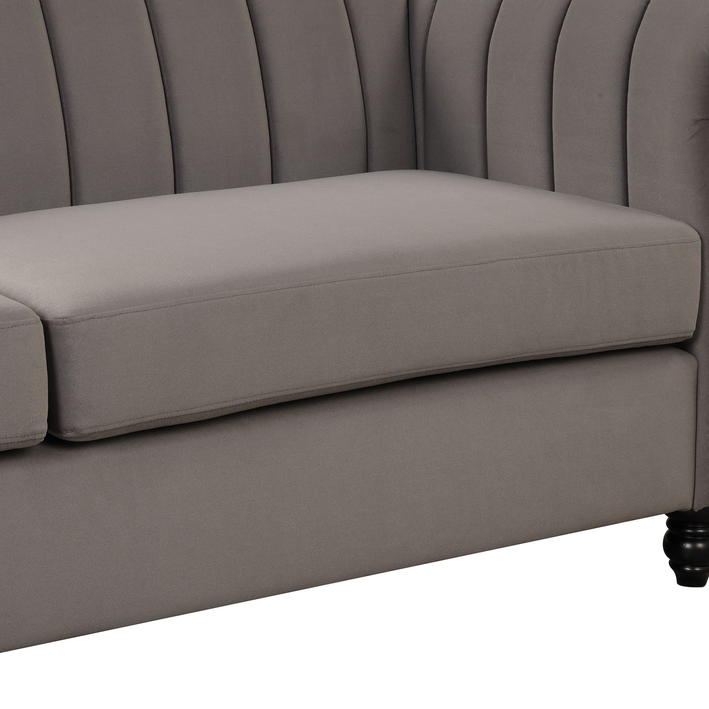 Contemporary Gray Upholstered Sofa with Buttoned Tufted Backrest and Solid Wood Legs