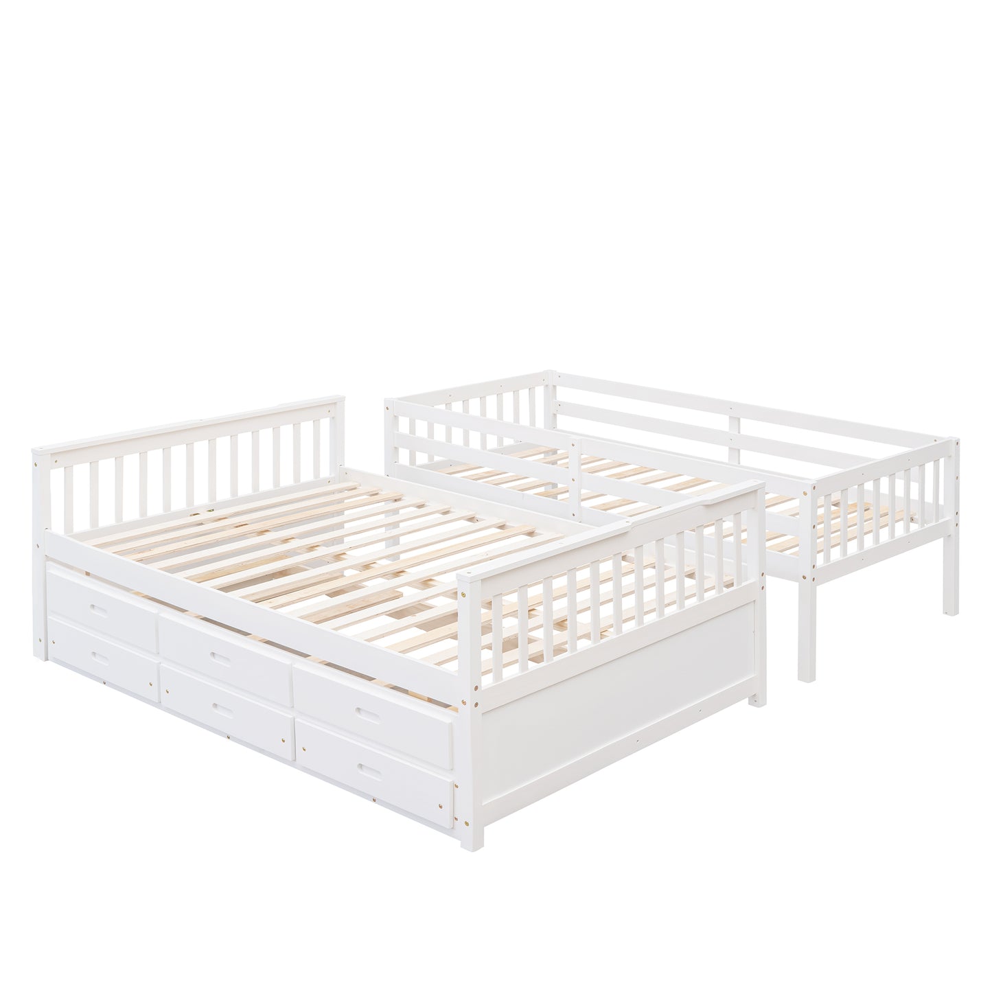 Playful Twin-Over-Full Bunk Bed with Trundle and Drawers - White