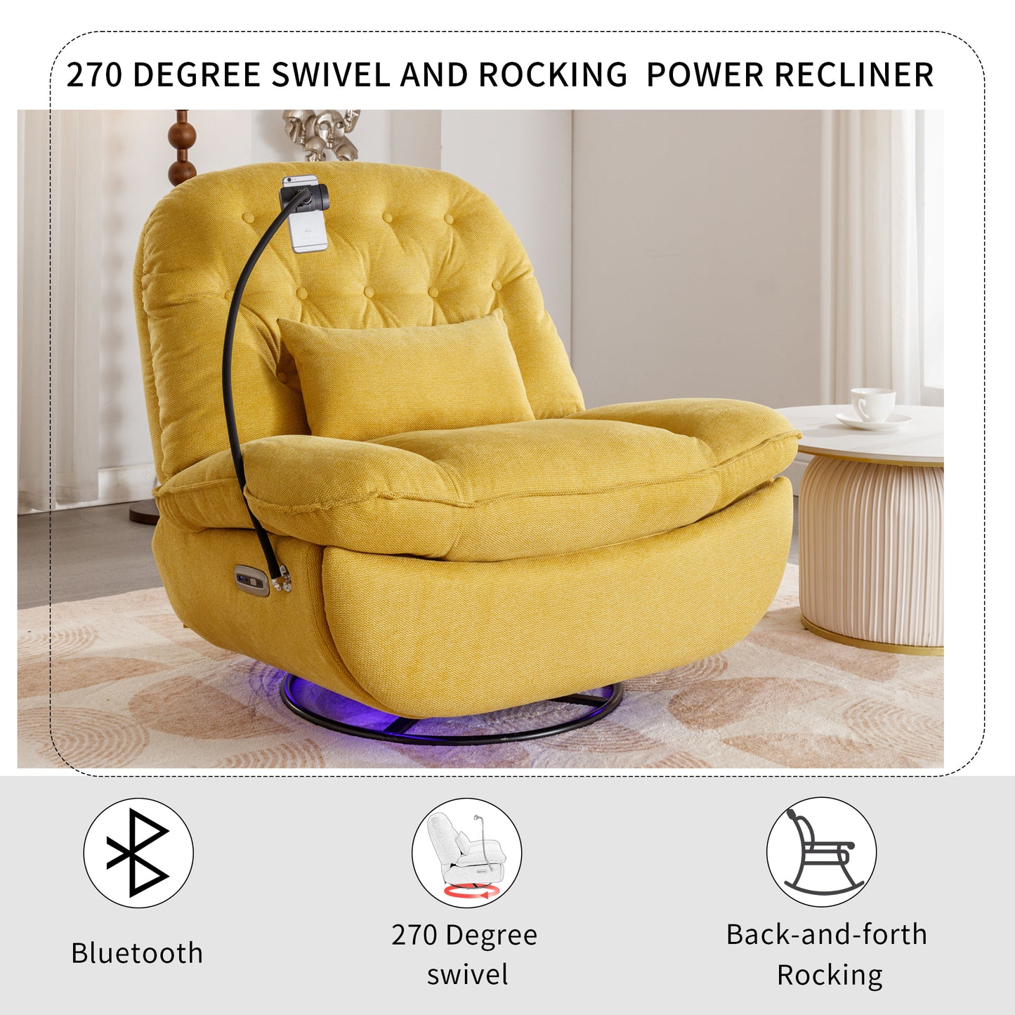 Yellow Power Recliner with Voice Control and Bluetooth Music Player