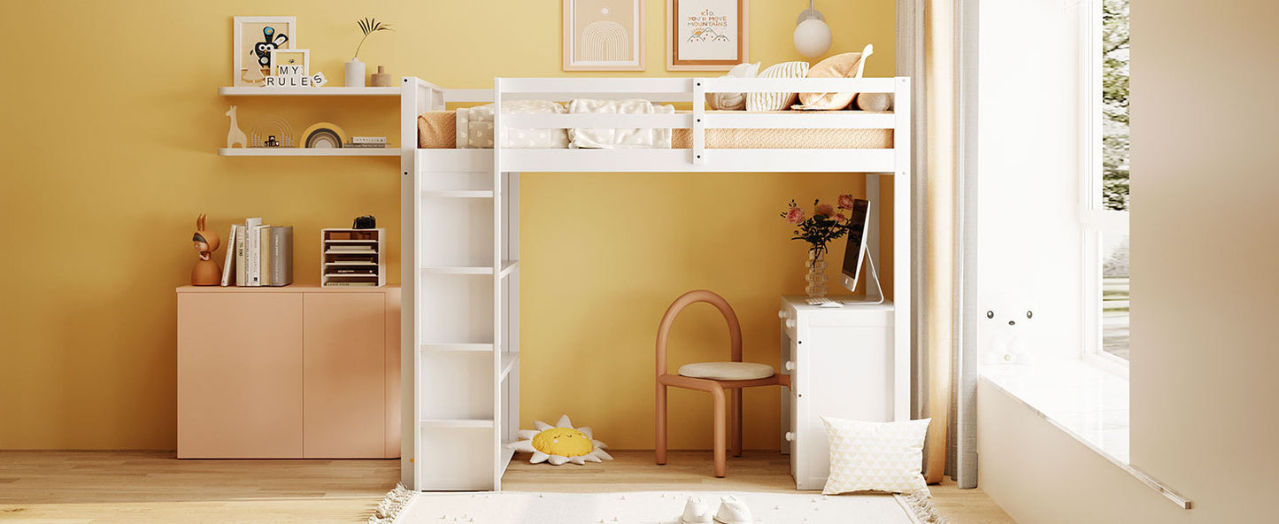 Twin Size Loft Bed with Ladder, Shelves, and Desk, White