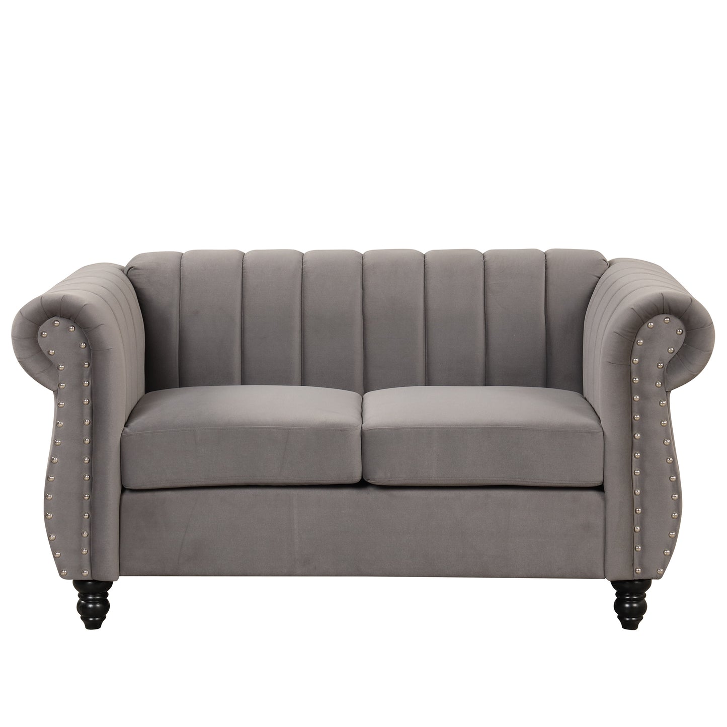 Contemporary Gray Upholstered Sofa with Buttoned Tufted Backrest and Solid Wood Legs