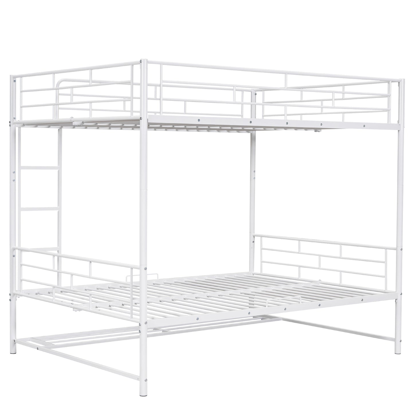 Full Metal Bunk Bed with Shelf and Guardrails in White, Full Over Full