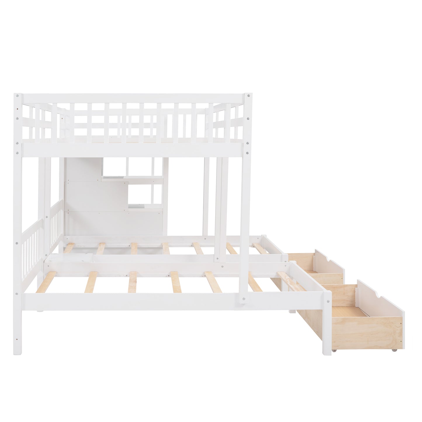 Three-Level Wooden Bunk Bed with Drawers, Full Over Twin & Twin Bunk Bed with Guardrails (White)