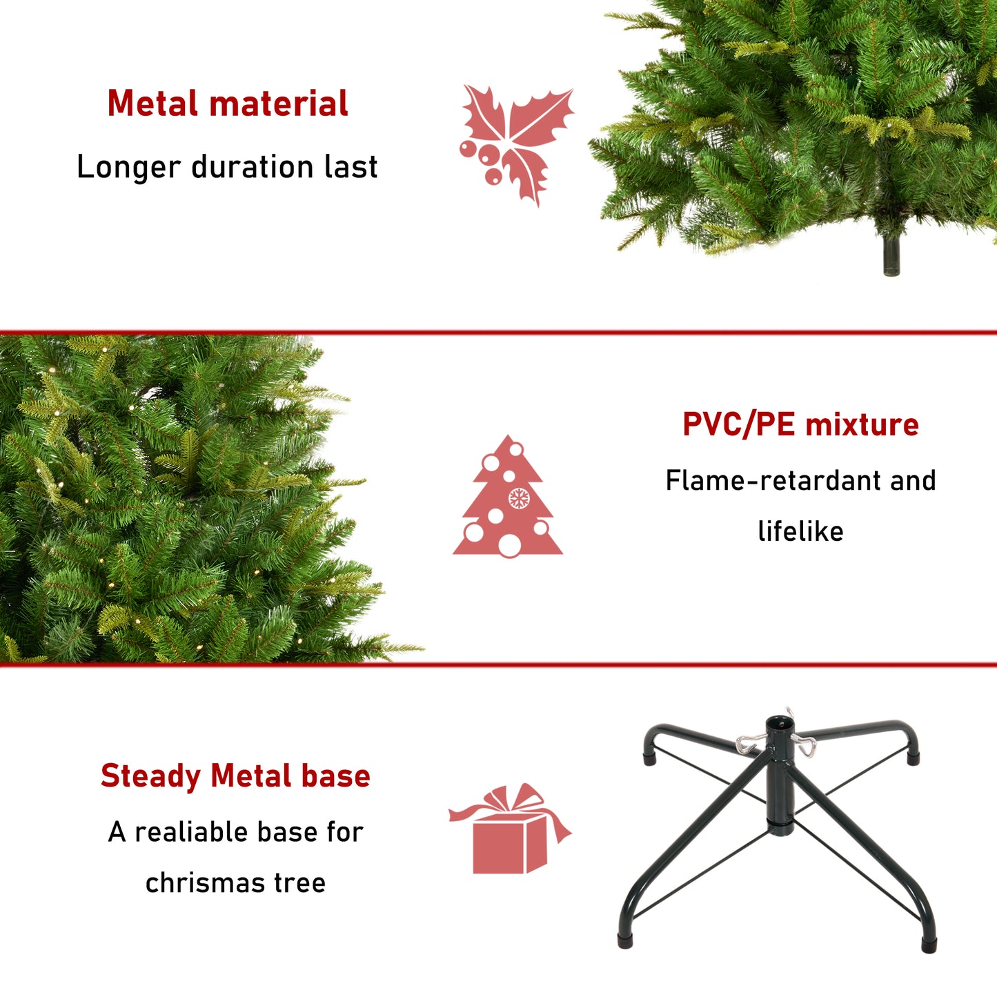 6-Foot Green Artificial Christmas Tree with 1079 Tips, 260 LED Lights, Unlit Hinged Spruce PVC/PE Xmas Tree for Indoor and Outdoor Use