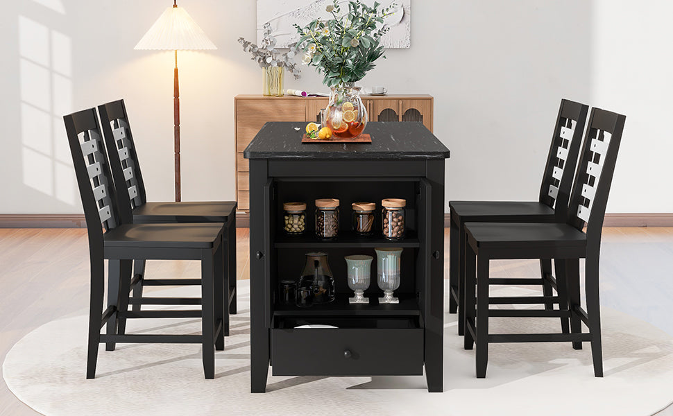 Counter Height 5-piece Dining Table Set with Faux Marble Tabletop, Solid Wood Table Set with Storage Cabinet and Drawer, Black