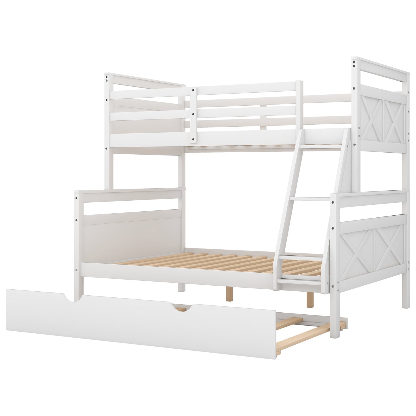 White Twin over Full Bunk Bed Set with Trundle, Guardrail, and Ladder