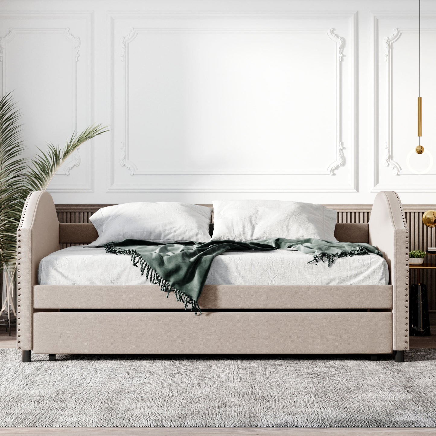 Full size Upholstered Daybed with Twin Size Trundle, Wood Slat Support, Beige