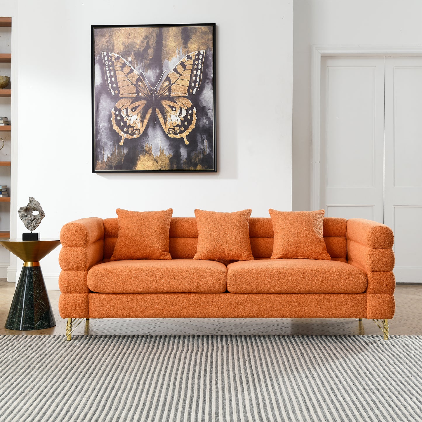 Oversized 3 Seater Sectional Sofa with Lumbar Pillows, Orange teddy, 81 Inch