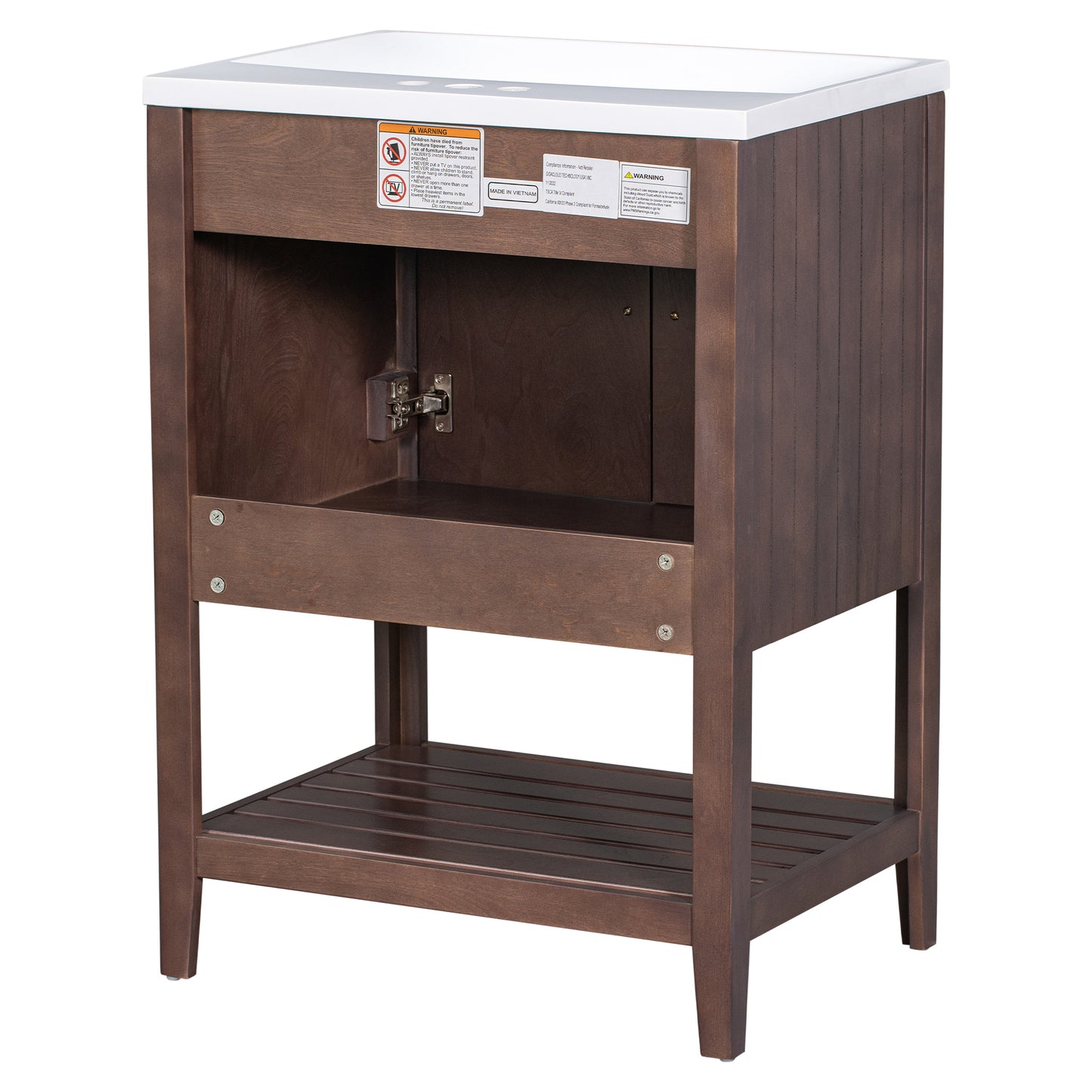 24" Brown Modern Sleek Bathroom Vanity Elegant Ceramic Sink with Solid Wood Frame Open Style Shelf