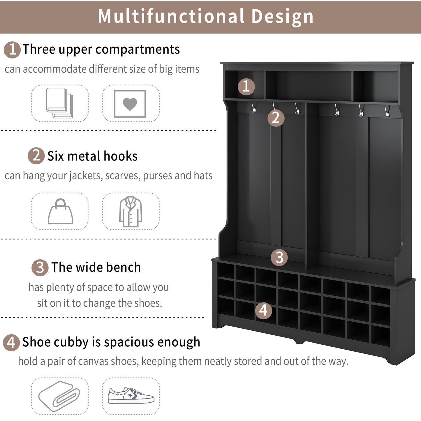 Modern Style Multiple Functions Hallway Coat Rack with Metal Black Hooks, Entryway Bench 60" Wide Hall Tree with Ample Storage Space and 24 Shoe Cubbies , Black