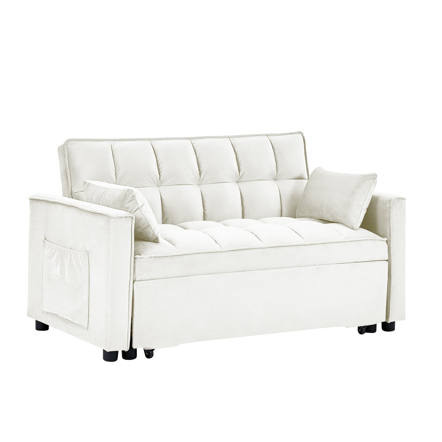 Sleeper Sofa Couch w/Pull Out Bed, 55" Modern Velvet Convertible Sleeper Sofa Bed, Small Love seat Sofa Bed w/Pillows & Side Pockets for Small Space, Living Room, Apartment, Cream White