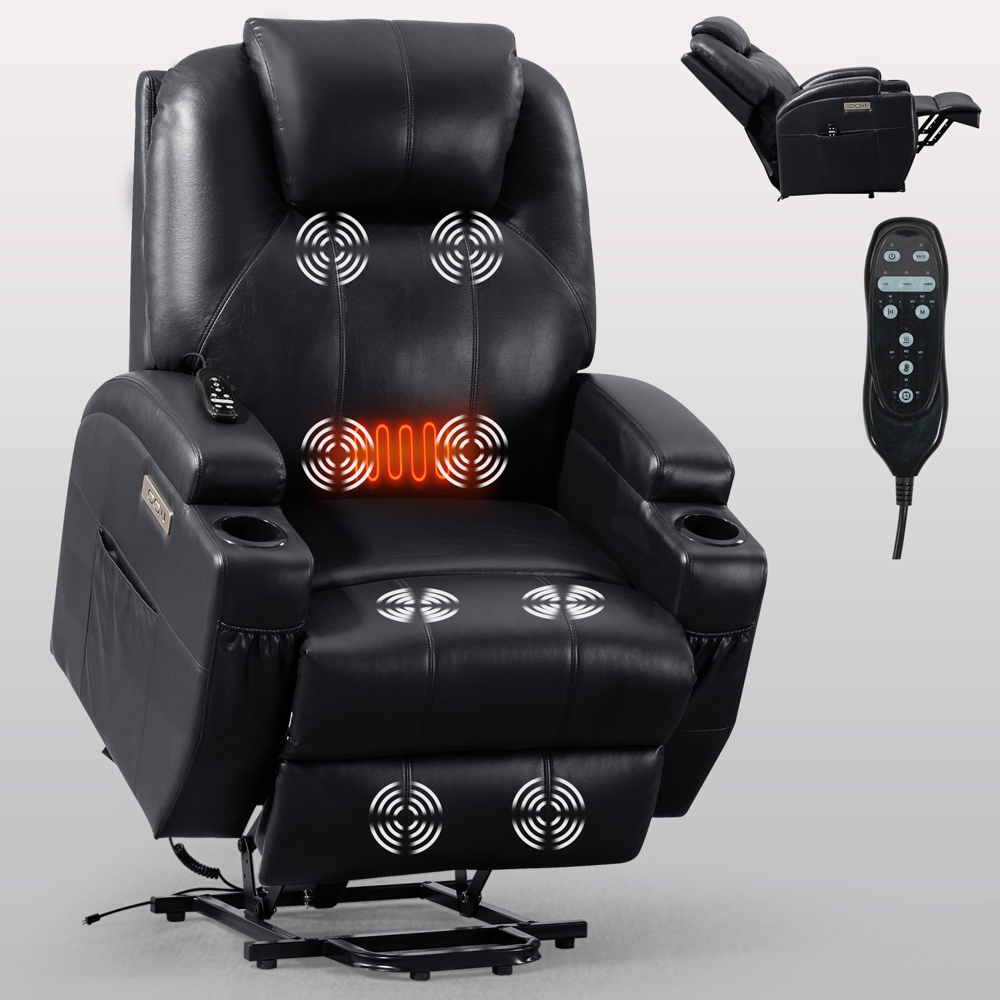 Electric Power Lift Recliner Chair with Massage, Heat, Cup Holders, and USB Port for Elderly - Black