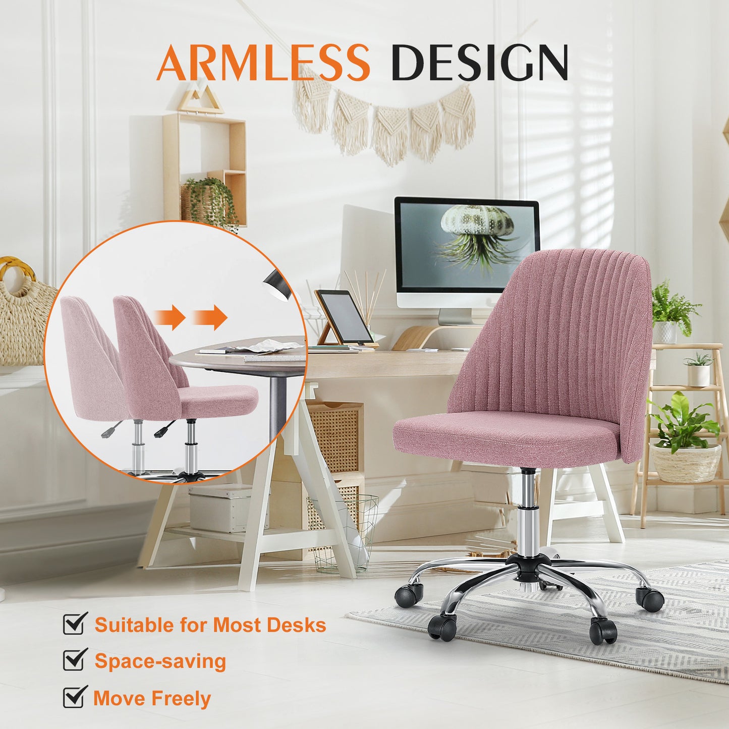 Sweetcrispy Armless Home Office  Desk Chair with Wheels Adjustable Swivel Task Computer Vanity Chair for Small Spaces