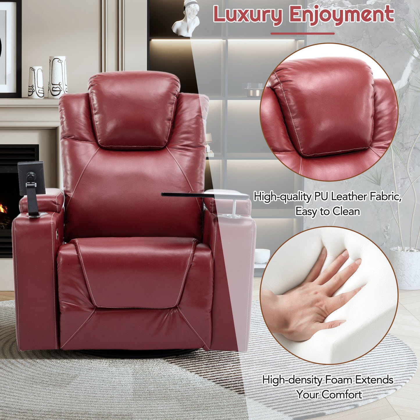 Luxurious 270 Degree Swivel Red Power Recliner with Surround Sound and Removable Tray Table