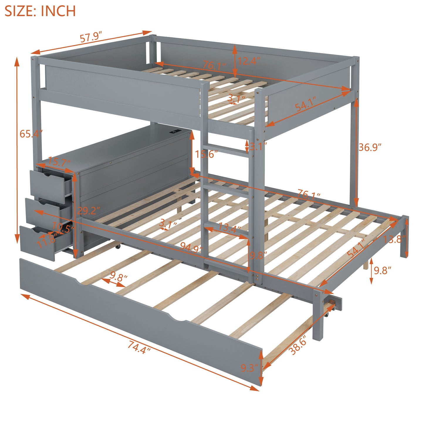 Full-Over-Full Bunk Bed with Twin Trundle, Storage, Desk, and USB Outlets, Gray - Ultimate Space-Saving Solution for Bedroom