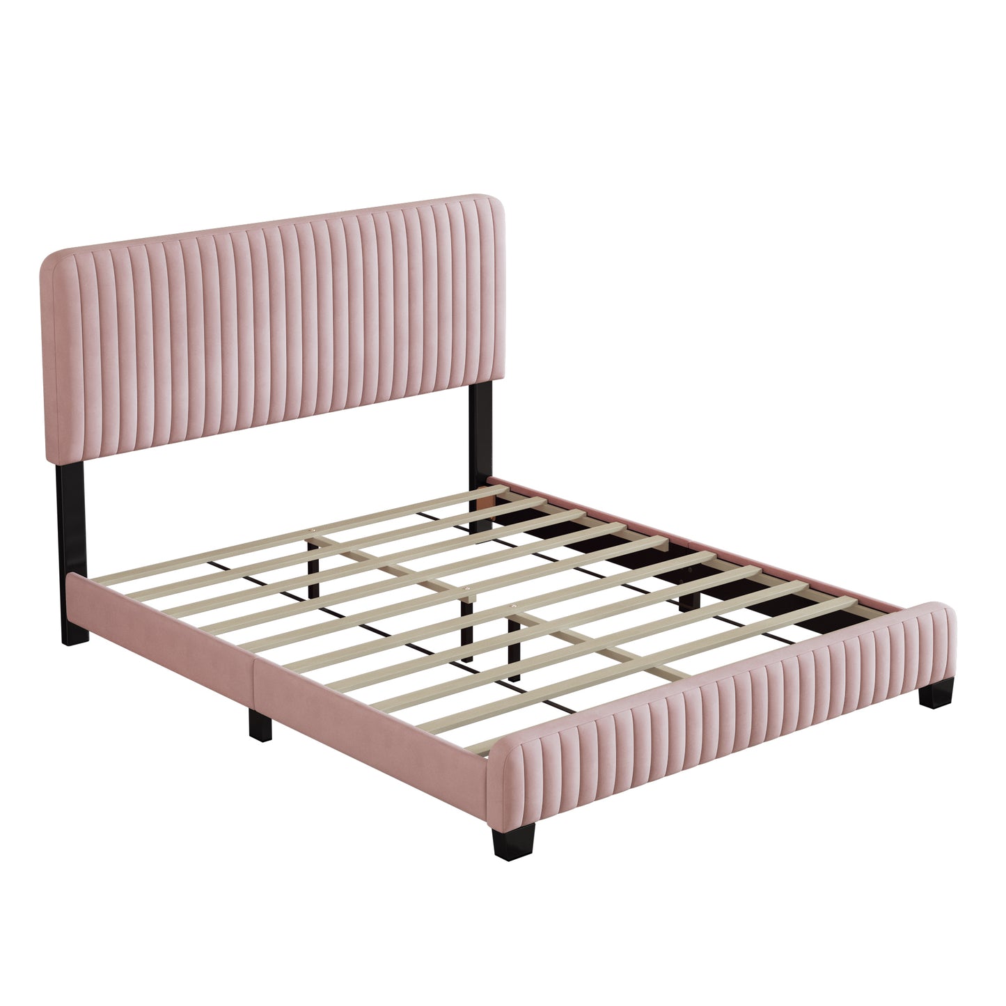 Full Size Upholstered Platform Bed,No Box Spring Needed, Velvet Fabric,Pink