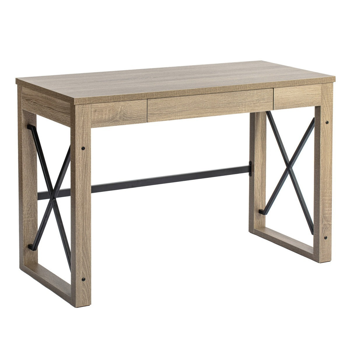 Sturdy Industrial Computer Desk with Drawer - Natural Wood Finish, 44.1 x 20.1 x 30.1