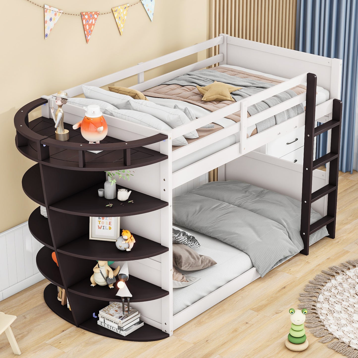 Boat-Themed Bunk Bed with Storage Shelves, Cream+Espresso