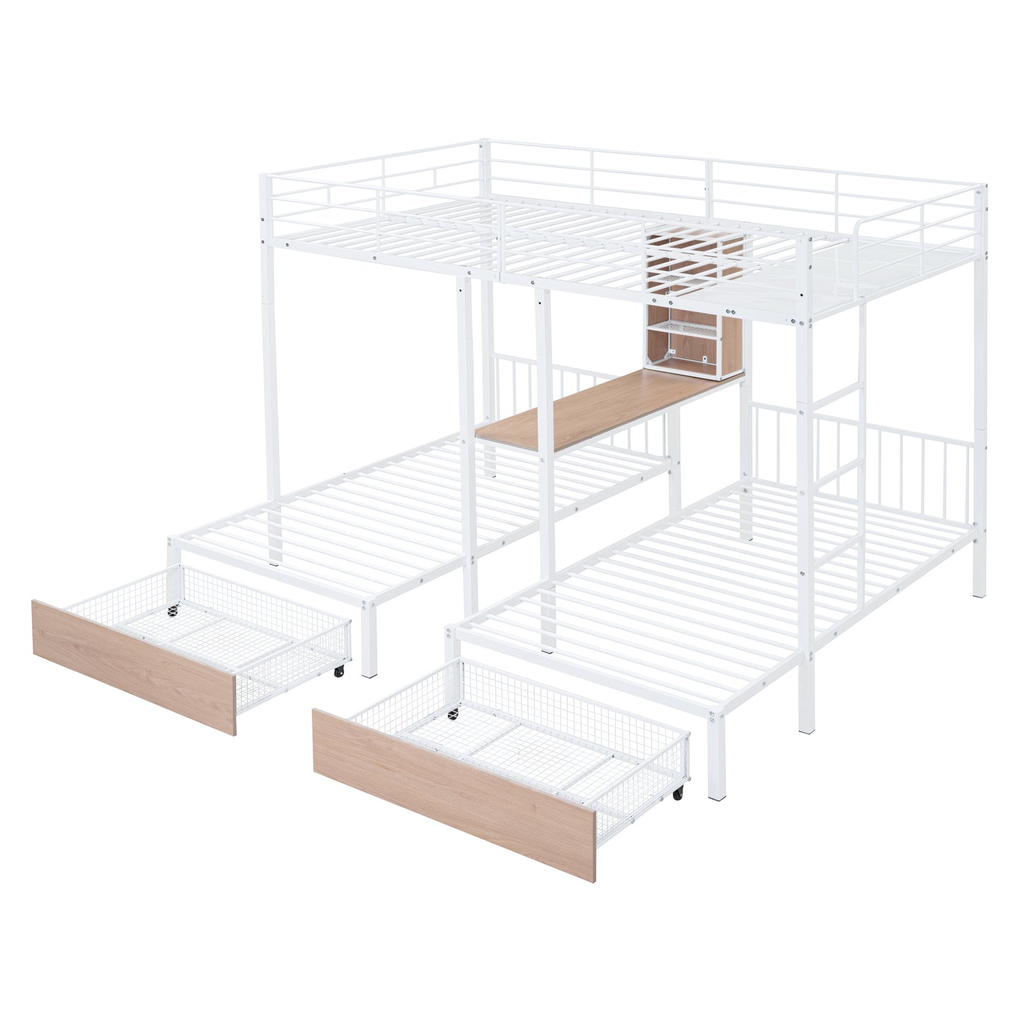 Triple Bunk Bed with White Metal Convertible Desk and Shelves