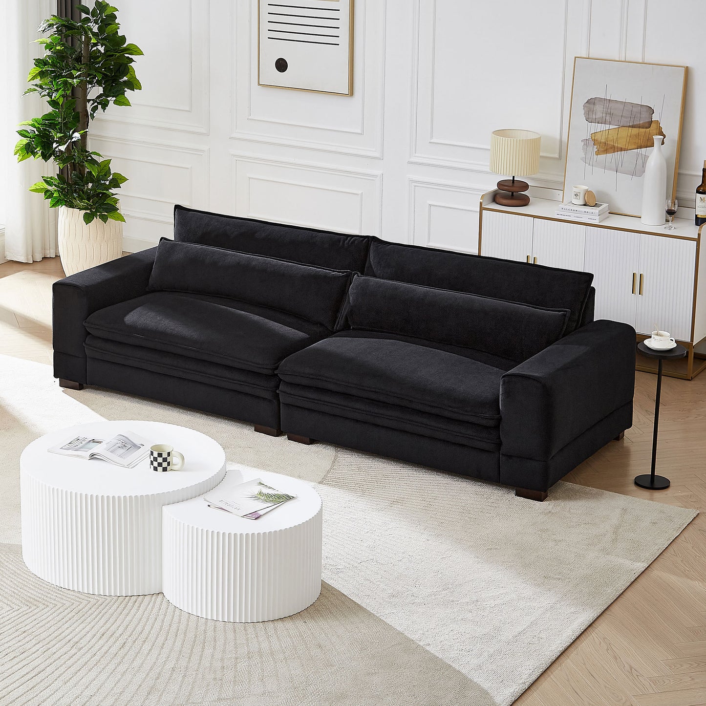 104.72 inch Black Fabric Mid-Century Modern Sofa for Living Room and Office