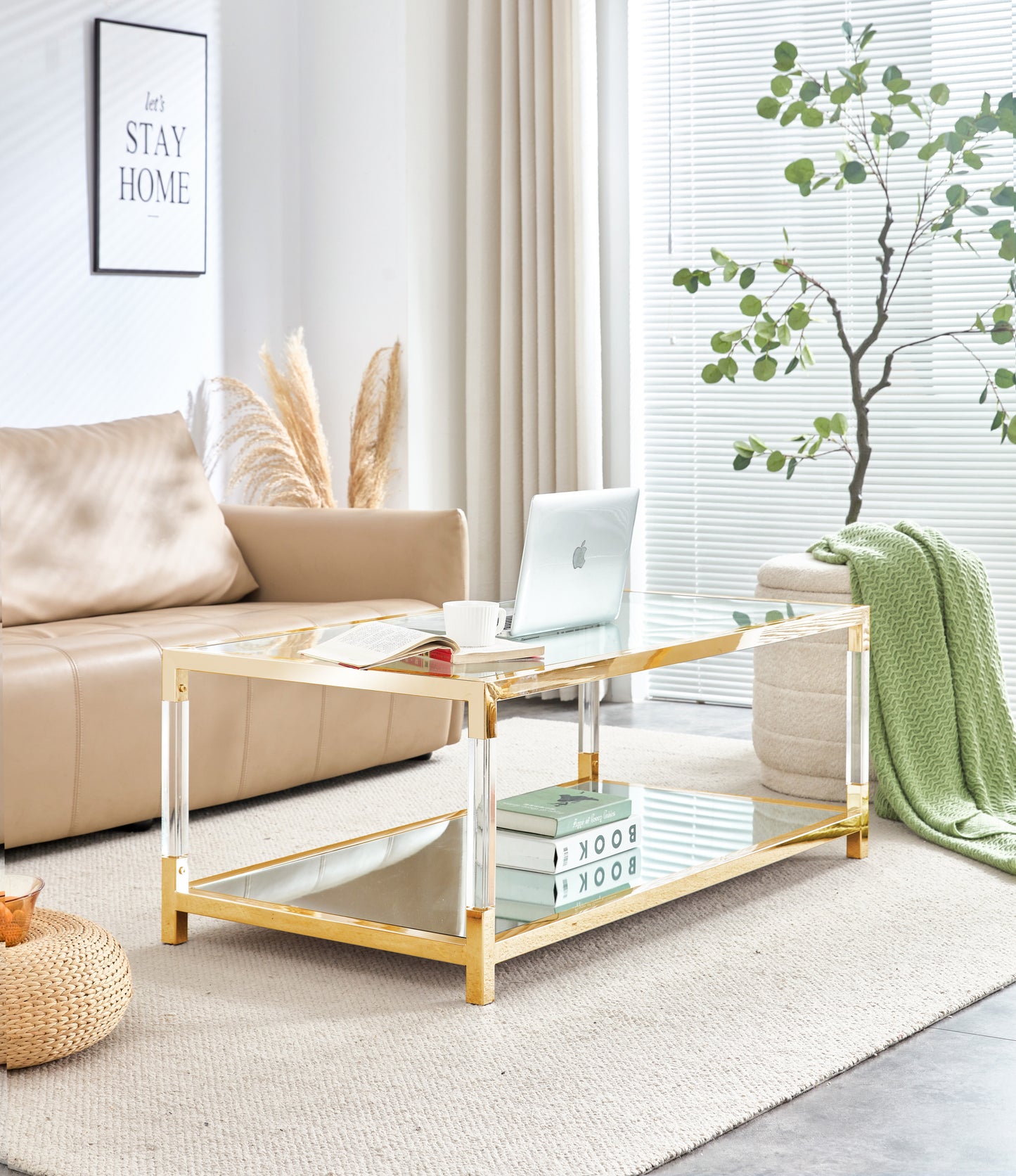 Gold Stainless Steel Coffee Table With Clear Glass Top and Acrylic Frame