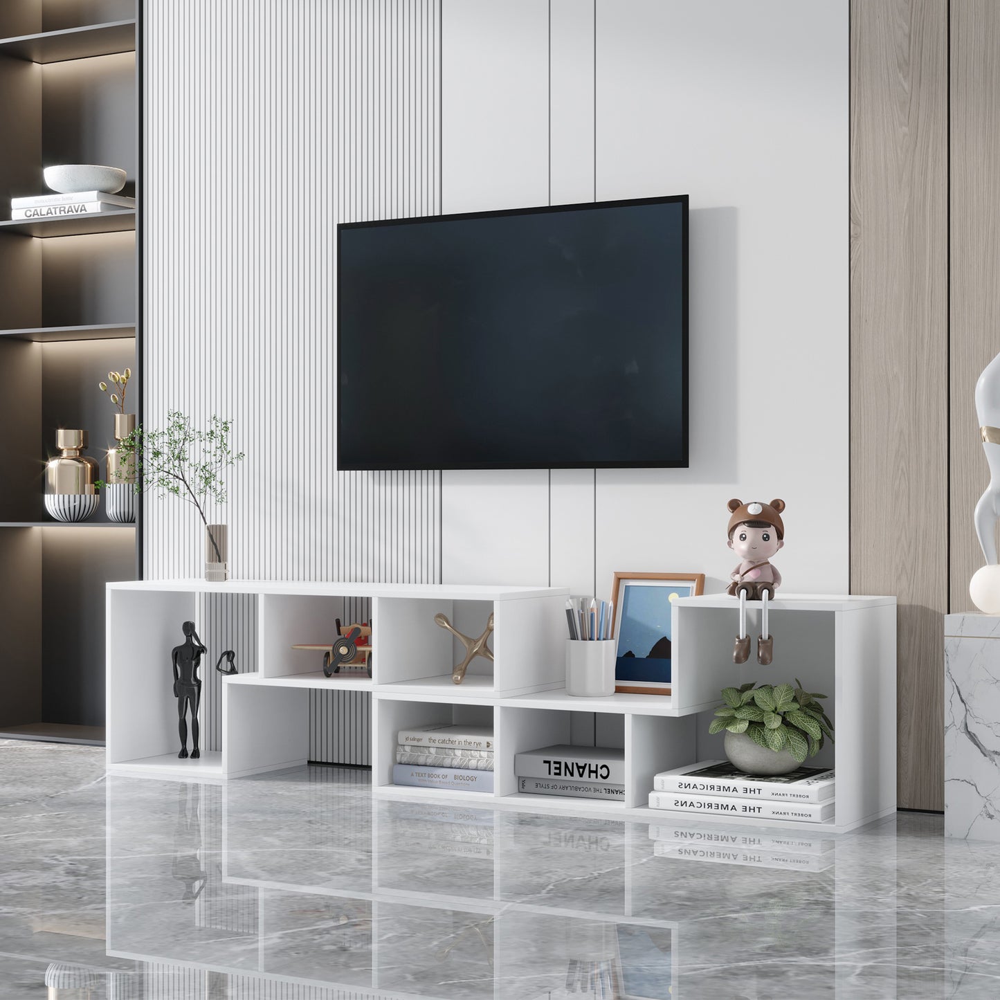 Versatile White TV Stand with Display Shelves and Bookcase