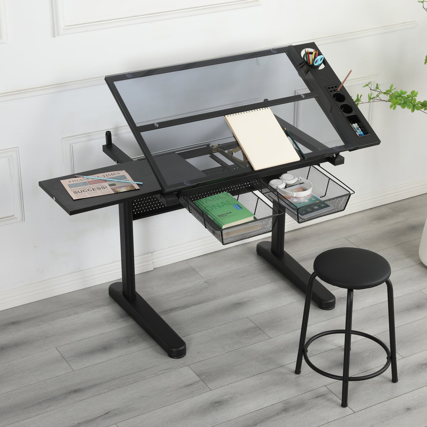 Glass Drafting Table with Adjustable Tilt, Metal Drawers, and Stool