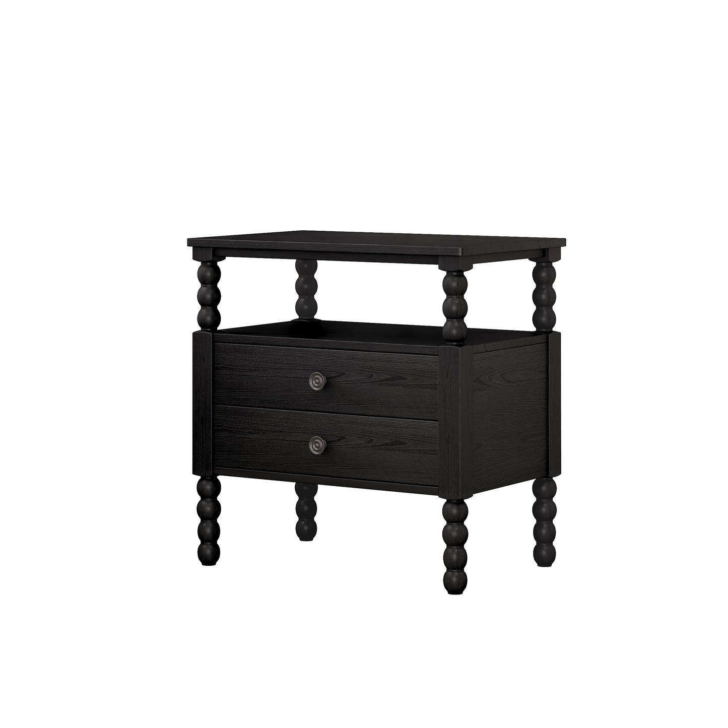 Gourd Shaped Leg 2 Drawer Nightstand, Antique Black