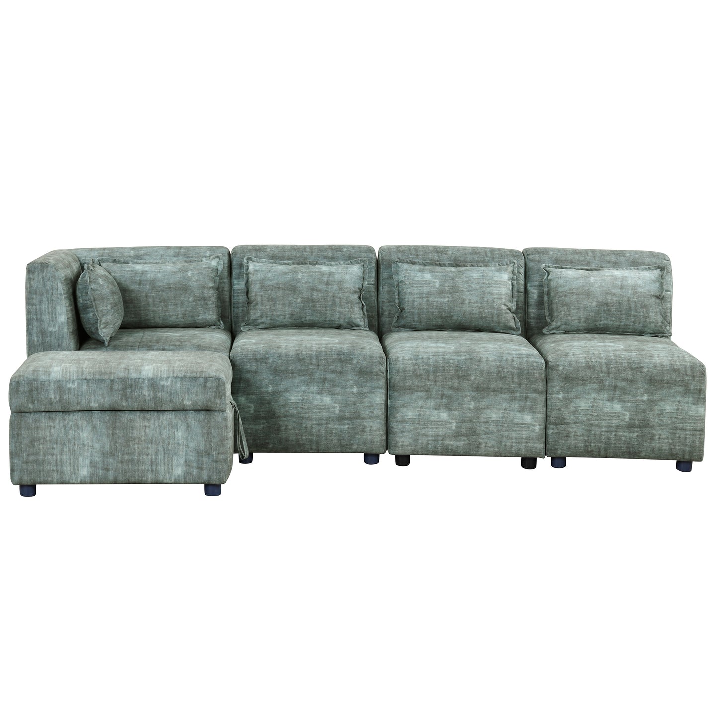 Endless Lounge Creations: Free-Combined Blue-Green Sectional Sofa with Storage Ottoman and 5 Pillows