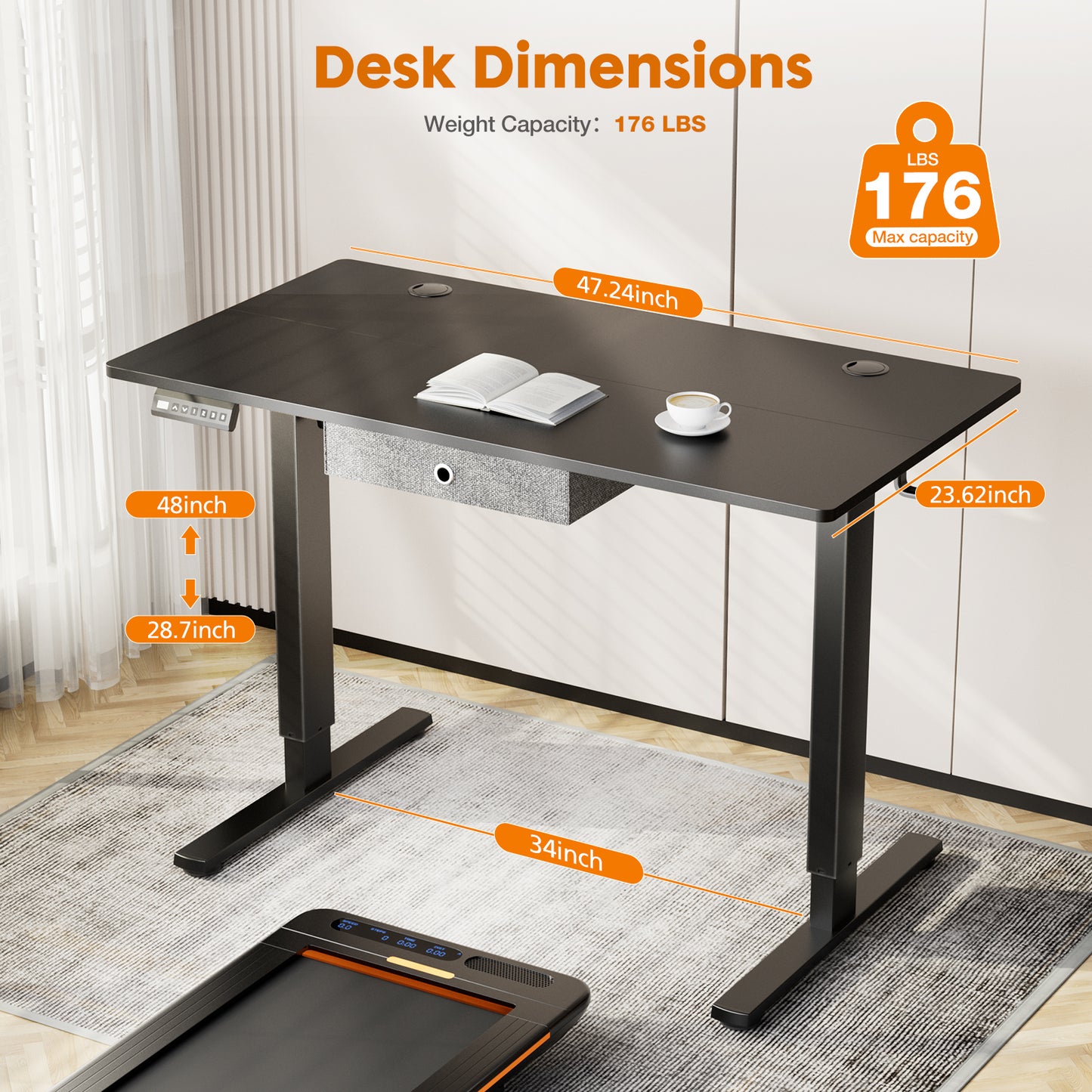 Adjustable Height Electric Standing Desk with Spacious Drawer - Black, 48 x 24 Inches