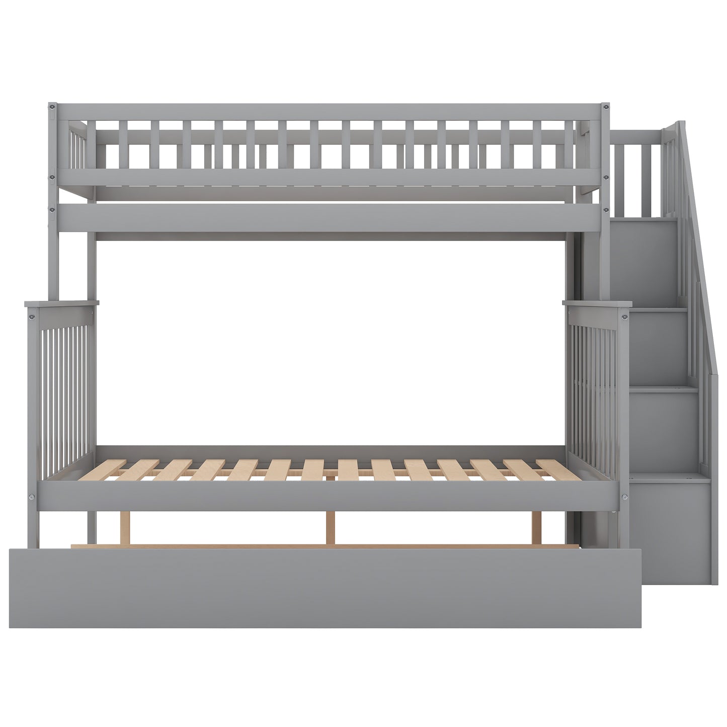 Gray Twin over Full Bunk Bed Set with Trundle, Staircase, and Storage